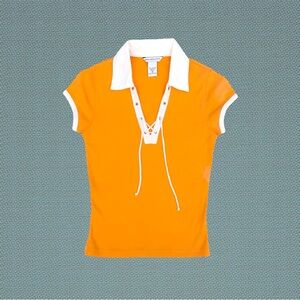 00s Y2K Abercrombie & Fitch Orange Retro Preppy Ringer Lace Up Grommet Top